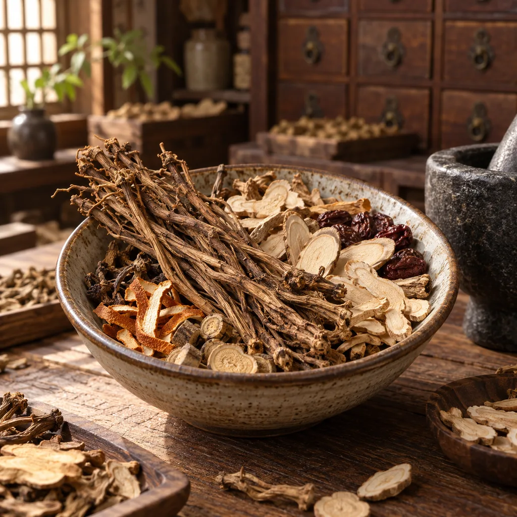 Byliny zmesi Chai Hu Qing Gan Tang v keramickej miske