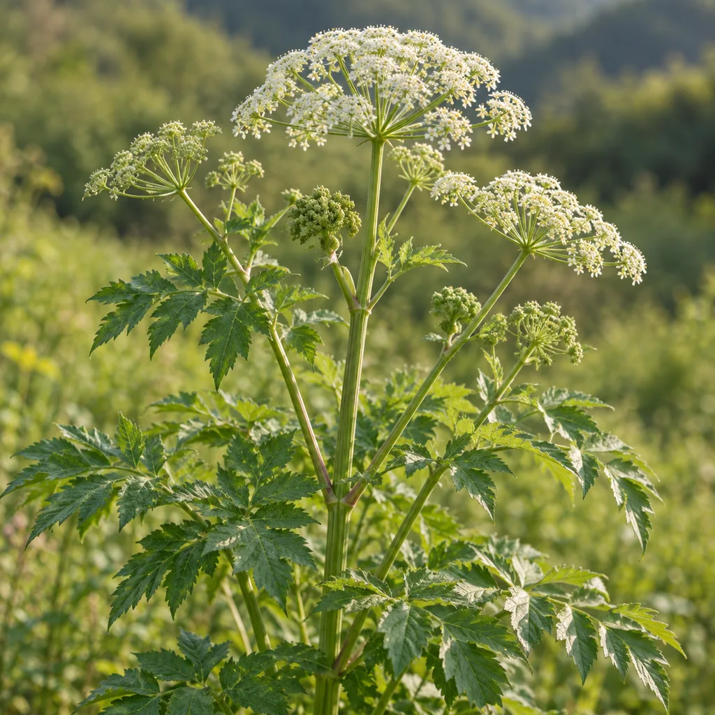 Kvitnúca angelika čínska (Angelica sinensis) s bielymi okolíkmi