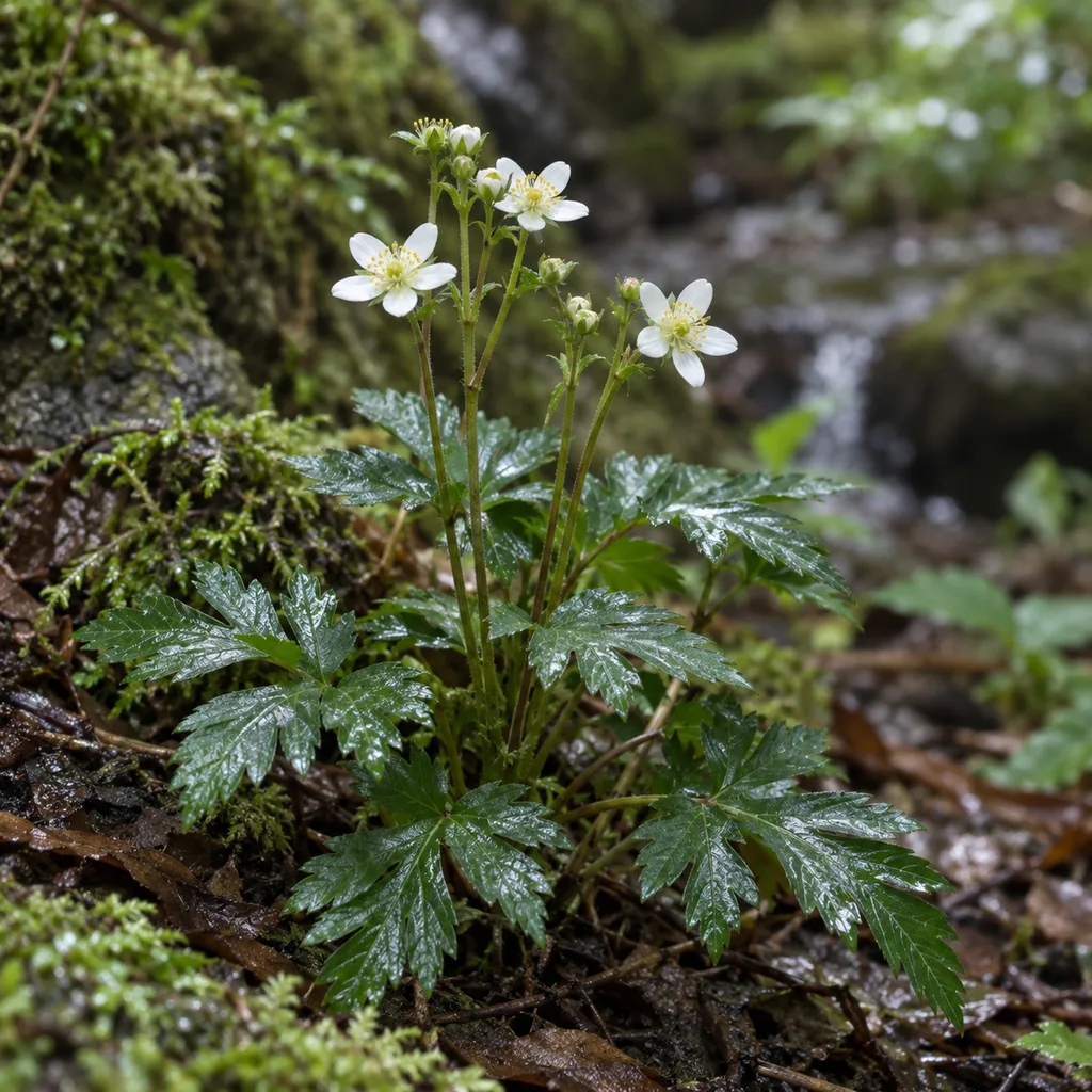 Kvitnúci koptis čínsky (Coptis chinensis) pri horskom potoku