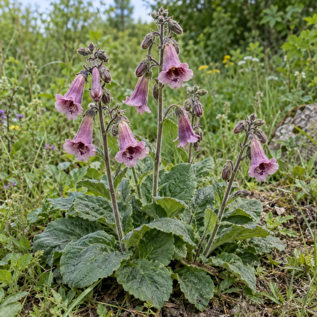 Rehmánia lepkavá (Rehmannia glutinosa) s ružovými kvetmi