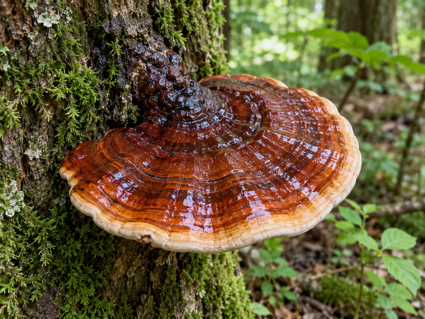 Lesklokôrovka obyčajná (Ganoderma lucidum) s lesklým červenohnedým klobúkom