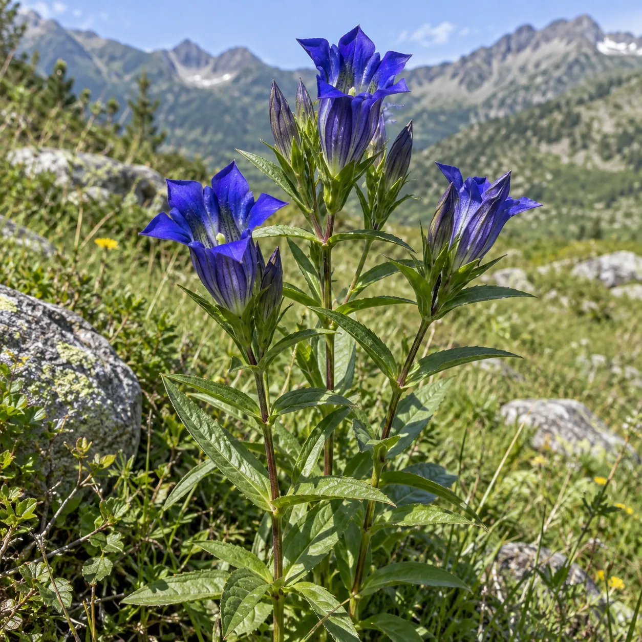 Kvitnúci horec (Gentiana) na horskej lúke – rastlina, z ktorej koreňa pochádza droga Long Dan Cao