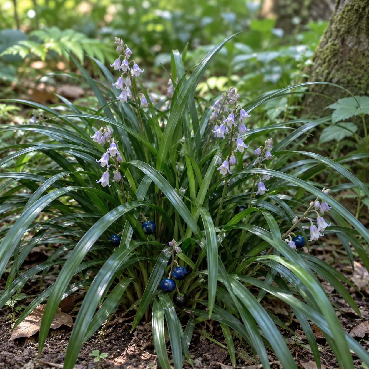 Ophiopogon japonicus – trsnatá rastlina s drobnými kvetmi a tmavomodrými plodmi