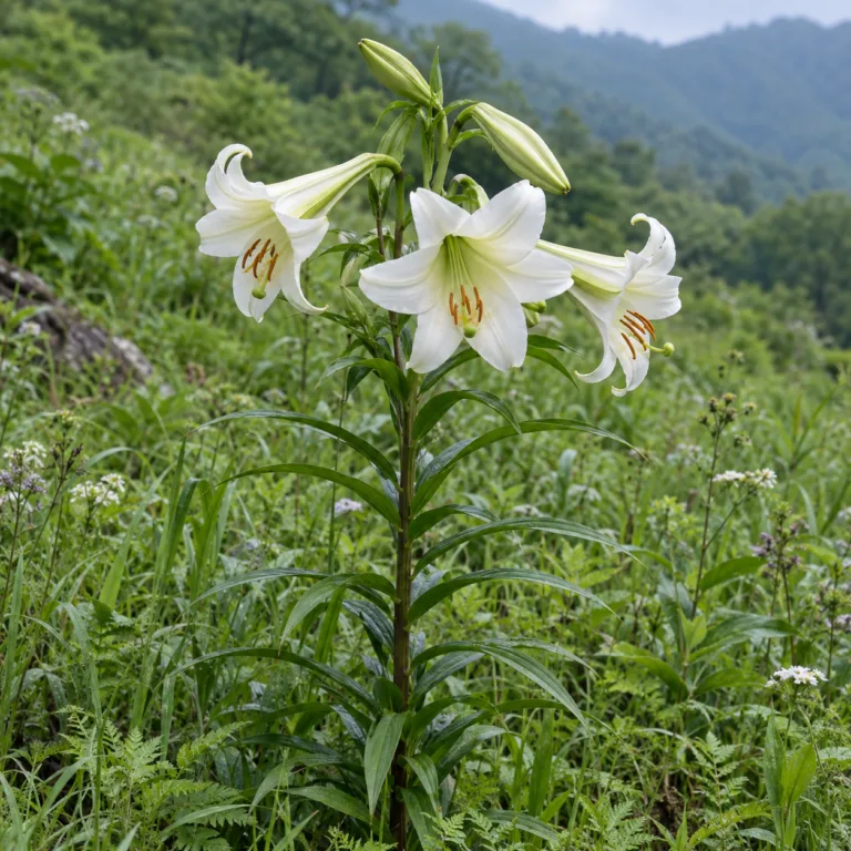 Bai He – kvitnúca ľalia Brownova (Lilium brownii) s bielymi trúbkovitými kvetmi