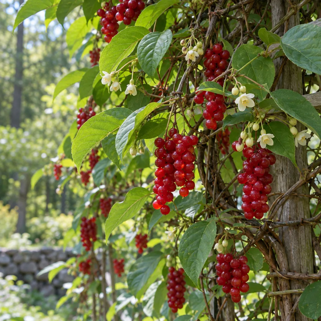 Klanopraška čínska (Schisandra chinensis) so strapcami červených plodov