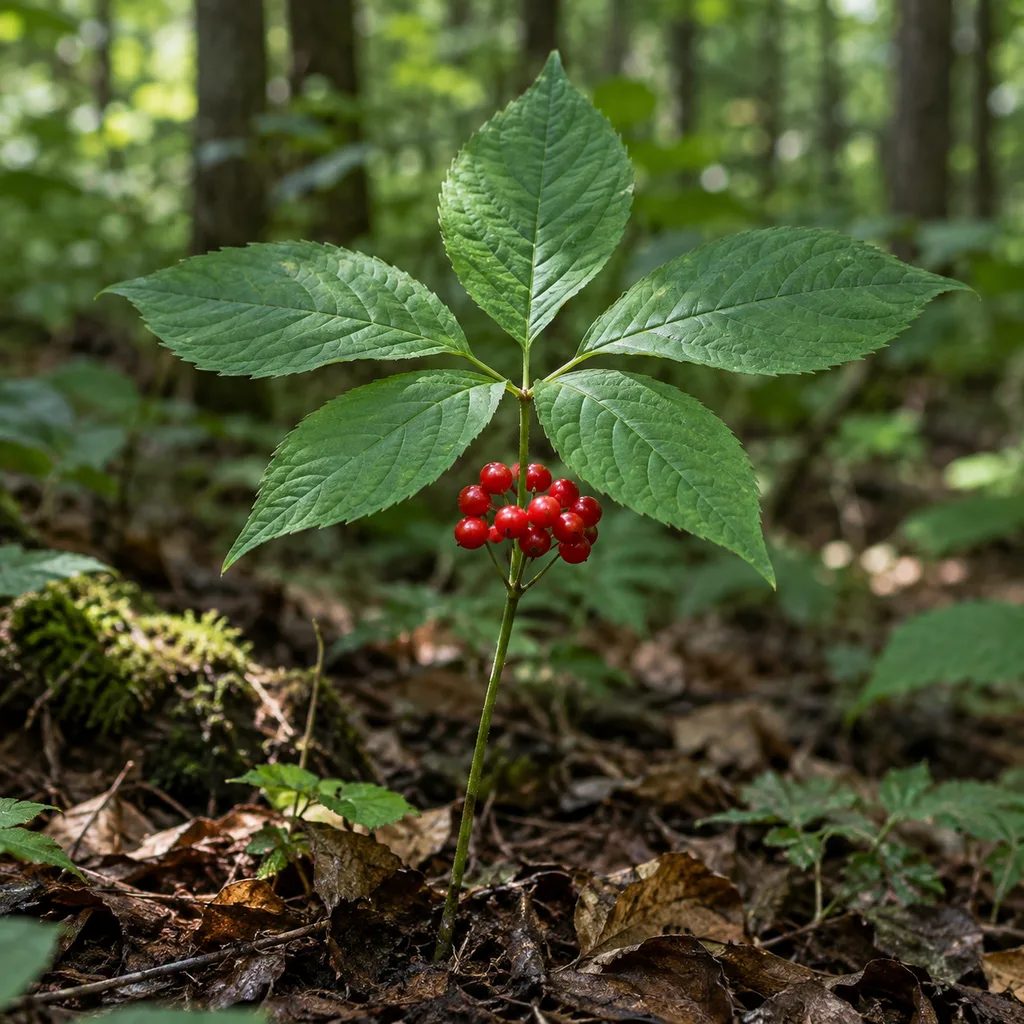 Ženšen pravý (Panax ginseng) – rastlina s listami a červenými plodmi; použitou časťou produktu je vňať