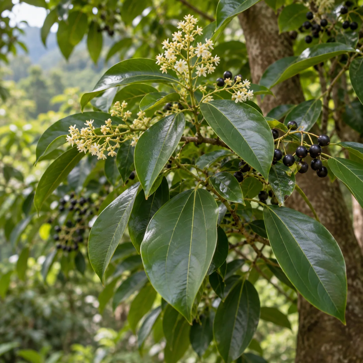 Škoricovník čínsky (Cinnamomum cassia) – kvitnúci strom s dozrievajúcimi plodmi, z ktorého kôry pochádza droga Rou Gui