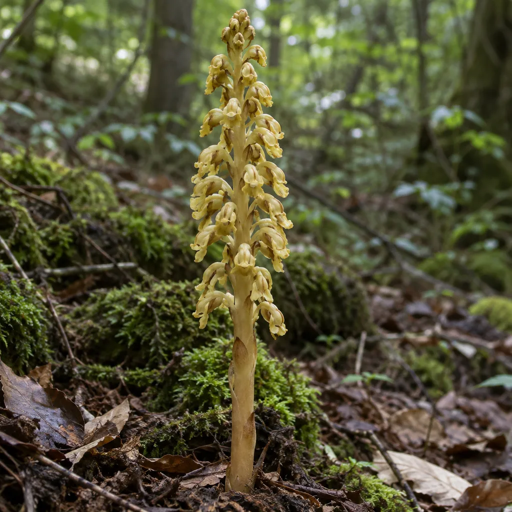 Gastrodia elata – bezlistá orchidea bez chlorofylu, druh chránený dohovorom CITES