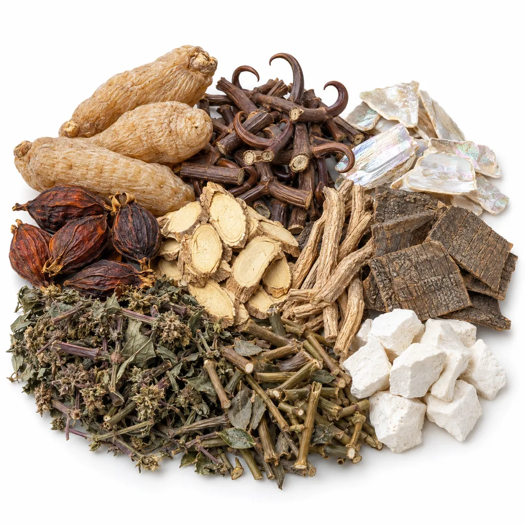 Klasické zloženie Tian Ma Gou Teng Yin; Tian Ma a lastúra Shi Jue Ming sú v tomto produkte nahradené