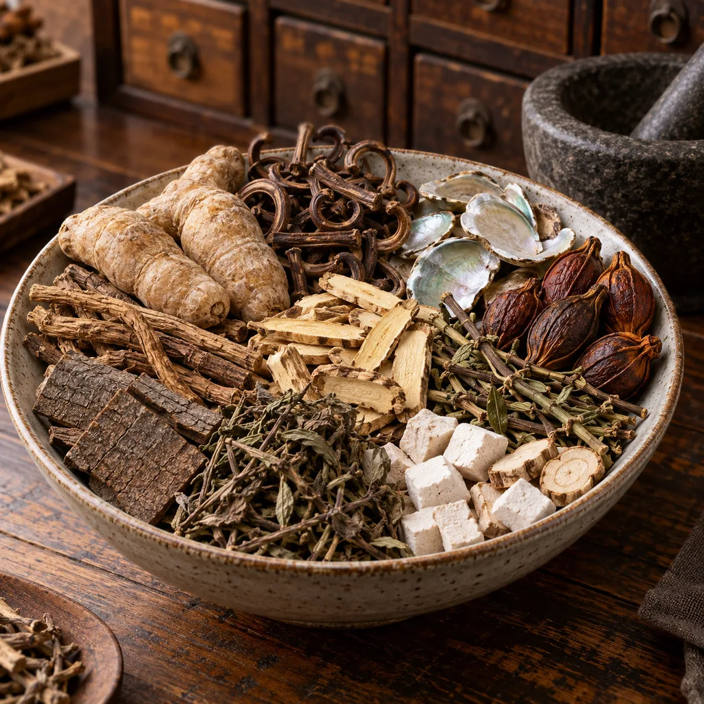 Klasické zloženie Tian Ma Gou Teng Yin vrátane Tian Ma a lastúry Shi Jue Ming – surovín, ktoré tento produkt neobsahuje