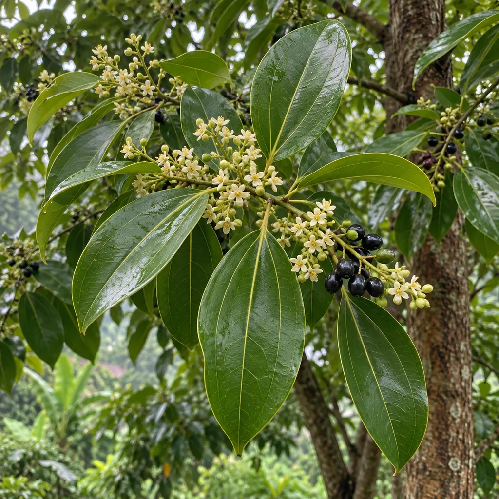 Škoricovník čínsky (Cinnamomum cassia) s kvetmi a plodmi