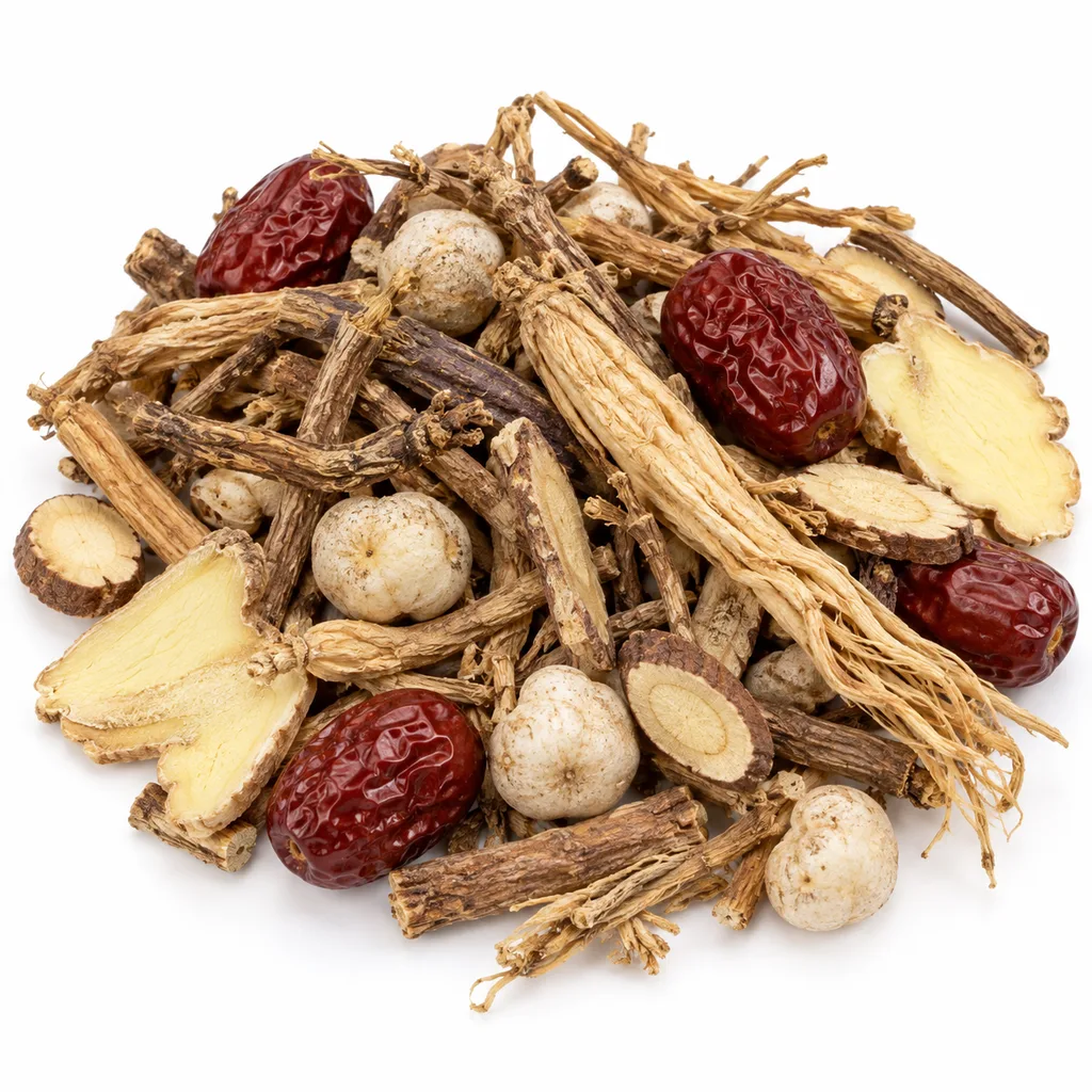 Klasické zloženie Xiao Chai Hu Tang – prerastlík, ženšen, sladovka, zázvor, cicimek a Ban Xia, ktorá v tomto produkte nie je