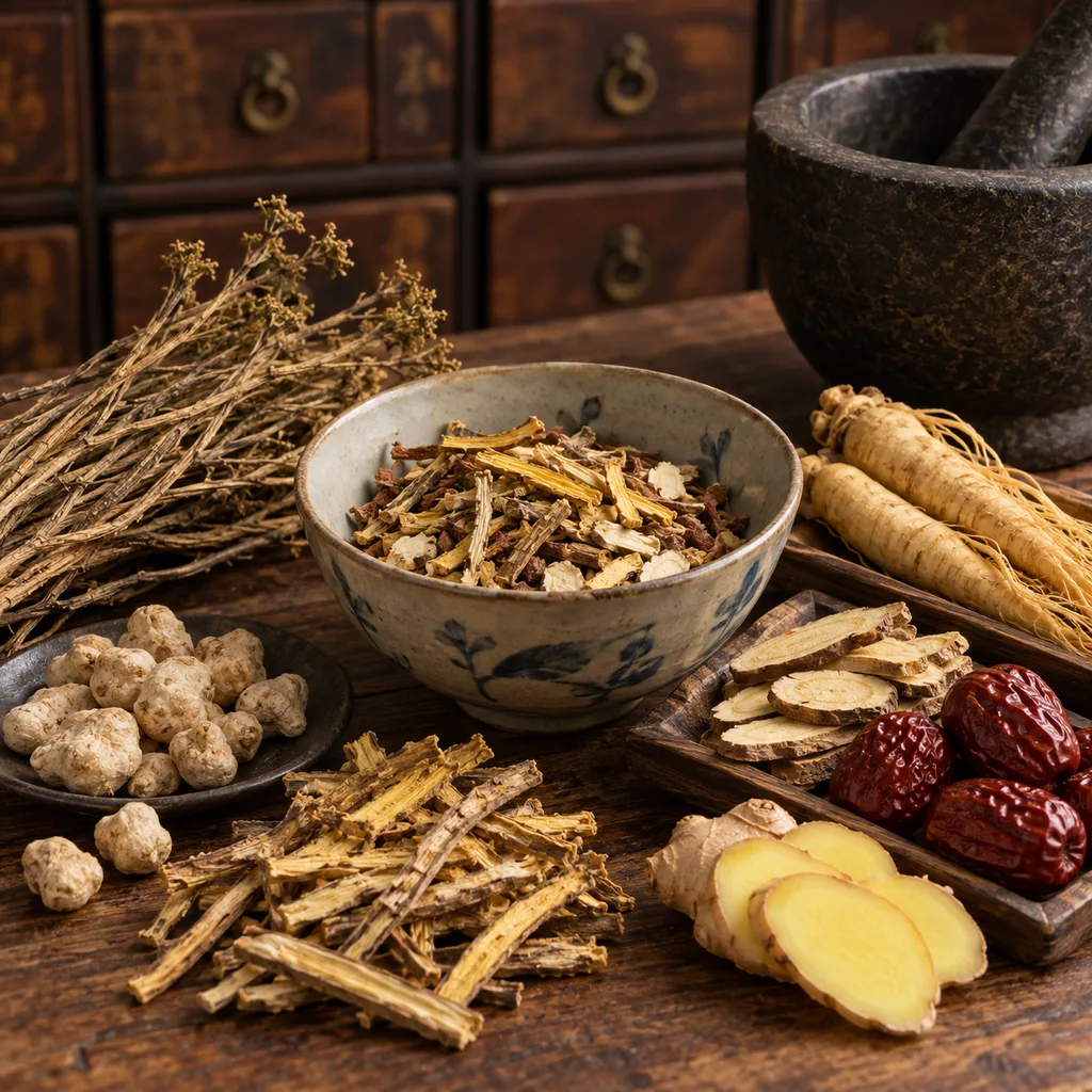 Klasické zloženie Xiao Chai Hu Tang; Ban Xia je v tomto produkte nahradená Xuan Fu Hua