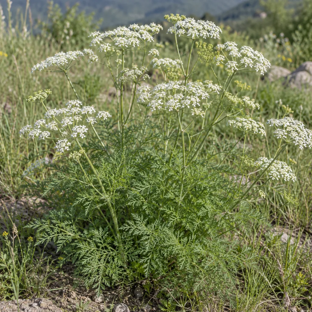 Saposhnikovia divaricata s bielymi okolíkmi