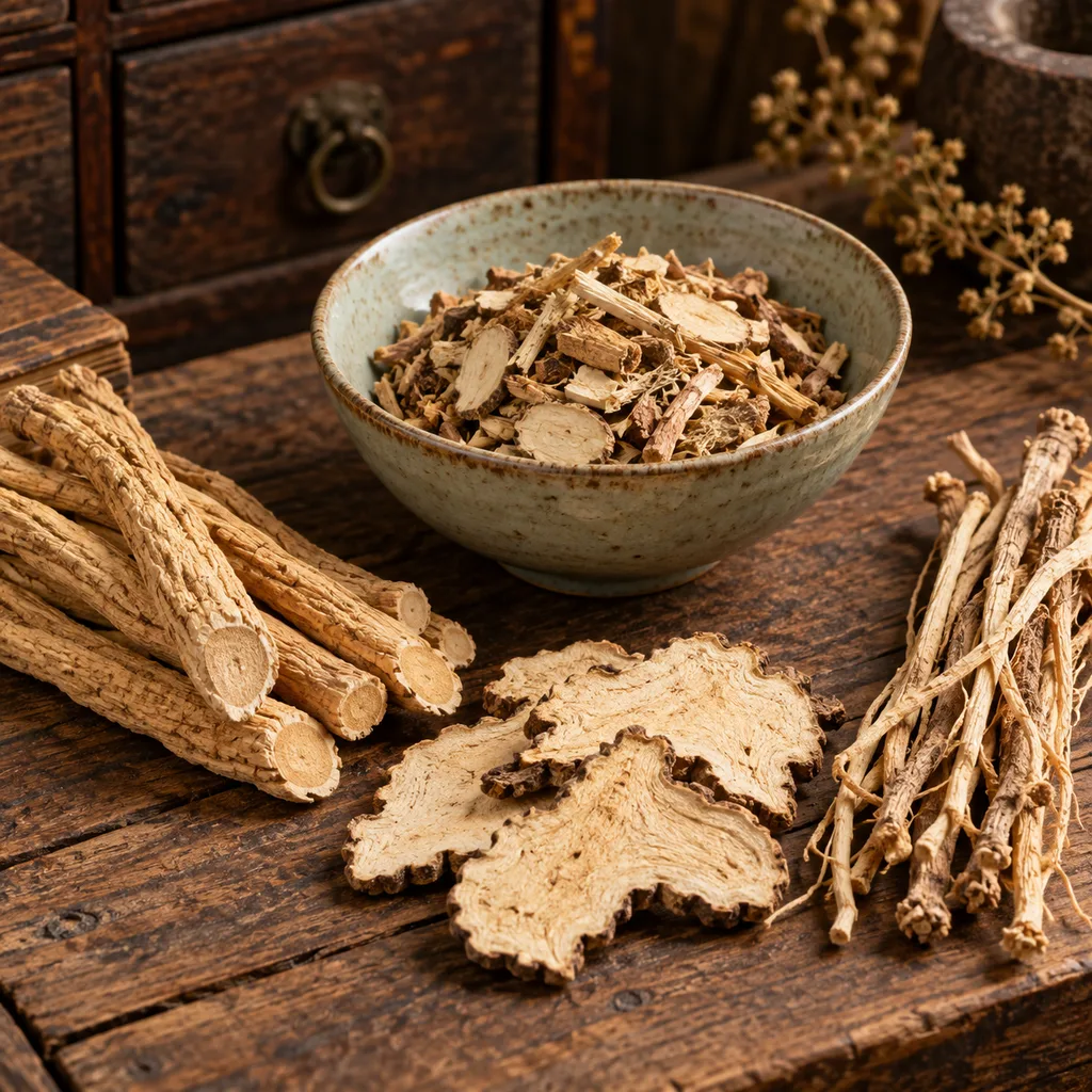 Klasické jadro Yu Ping Feng San – kozinec, Saposhnikovia divaricata a Atractylodes macrocephala; produkt obsahuje ďalších osem bylín