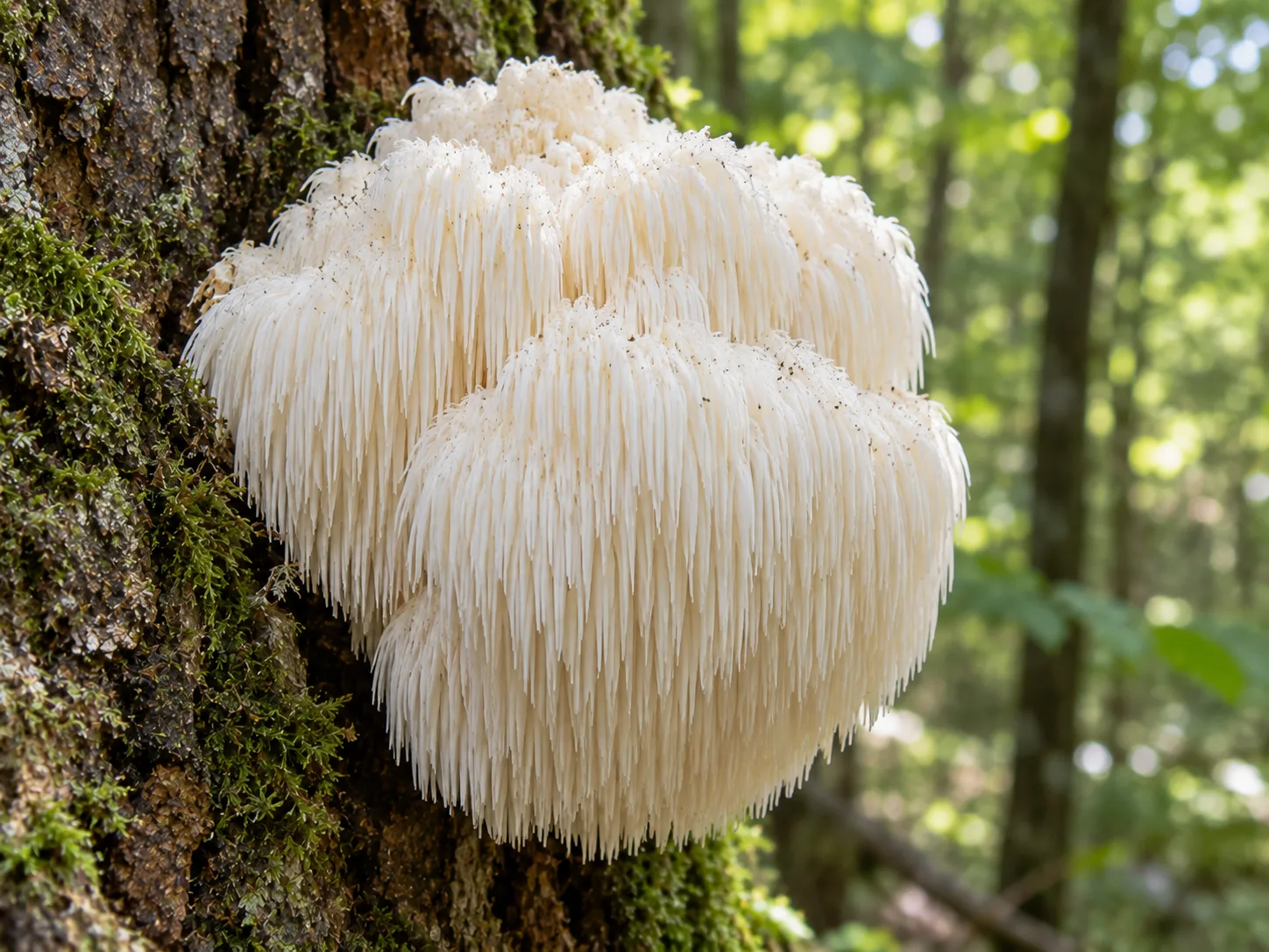 Koralovec ježovitý (Hericium erinaceus) s dlhými bielymi ostňami na kmeni