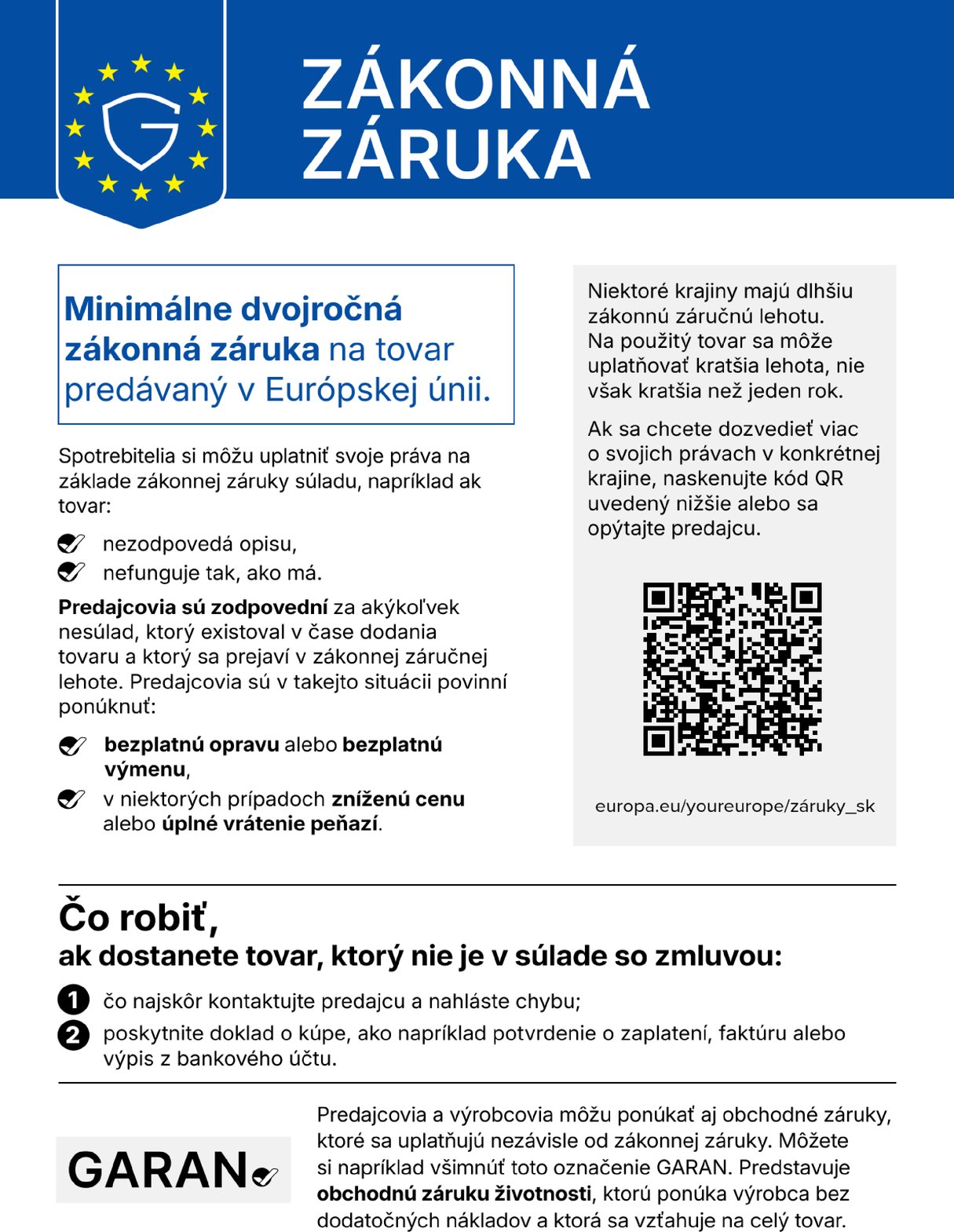 Harmonizované poučenie EÚ o zákonnej záruke – zákonná záruka minimálne 2 roky na tovar predávaný v EÚ